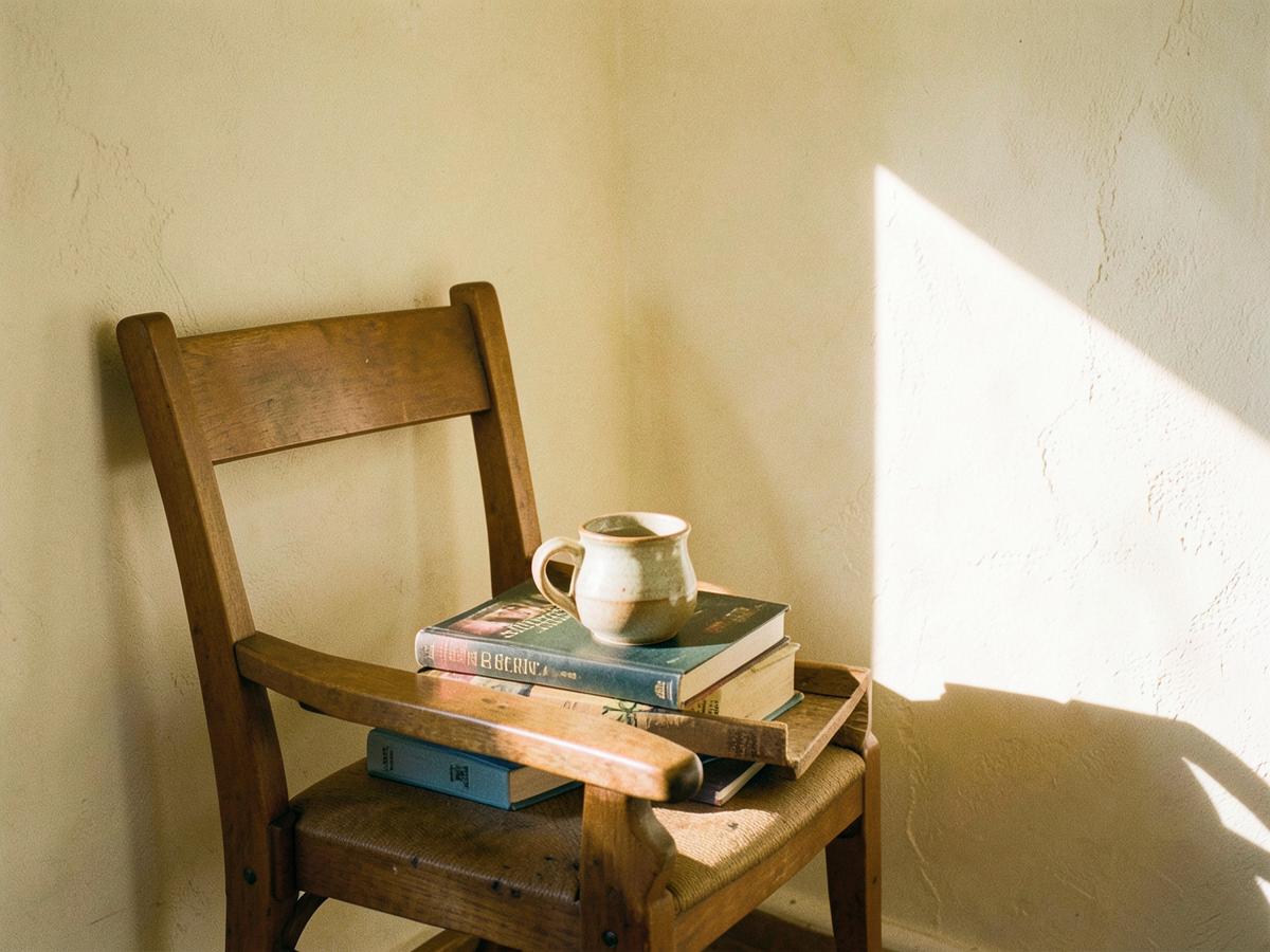 A wooden chair holding a stack of books and a mug against a warm plaster wall