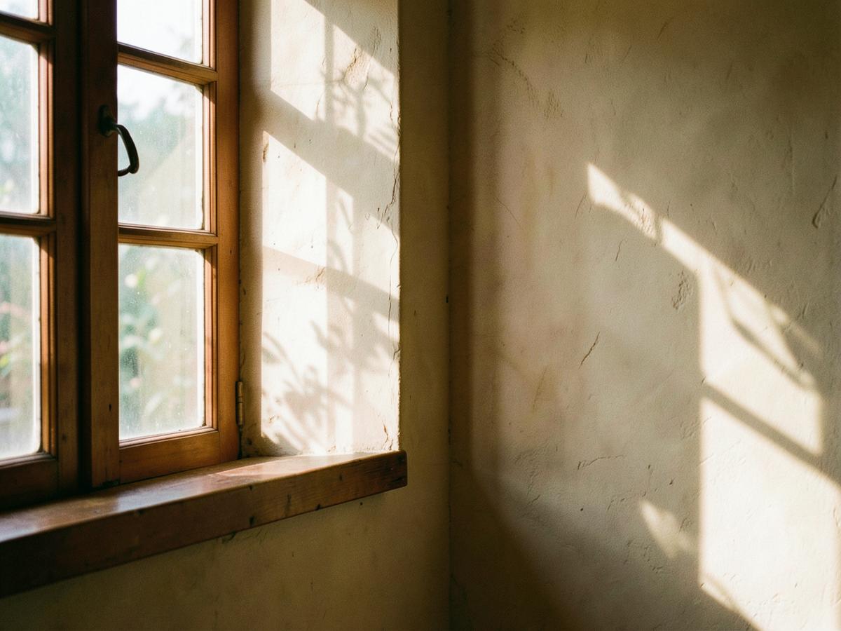 Morning light falling through a wide window onto a bare floor