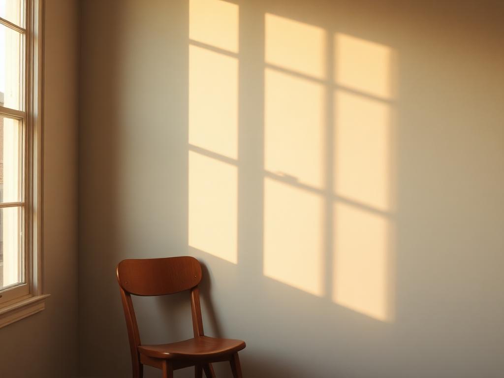 Warm afternoon light falling across a plaster wall and a wooden chair