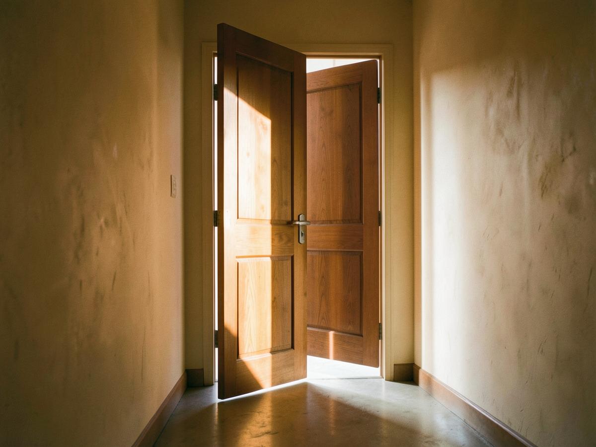 An open wooden door with daylight spilling across a bare floor beyond it