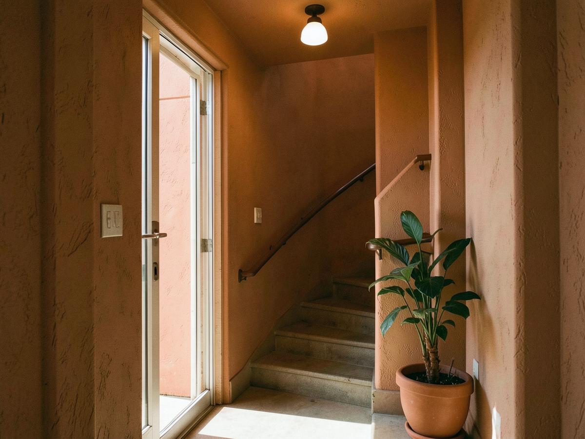 A sunlit stair landing with a potted plant beside a glass entry door