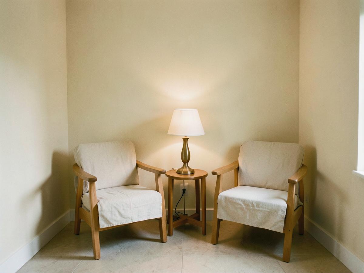 Two armchairs and a lit table lamp in a quiet corner of a room