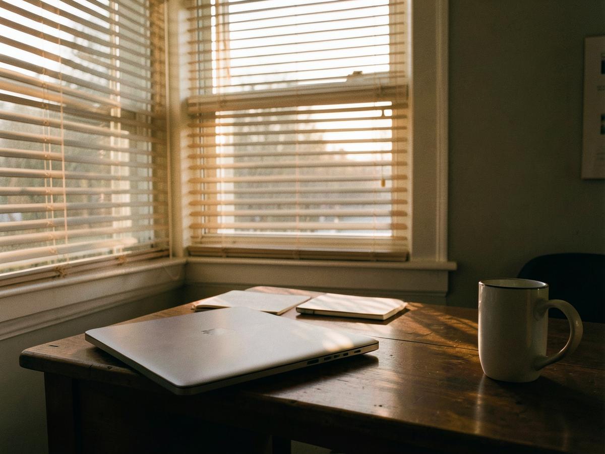 A closed laptop, notebook and mug on a desk beside window blinds in early light